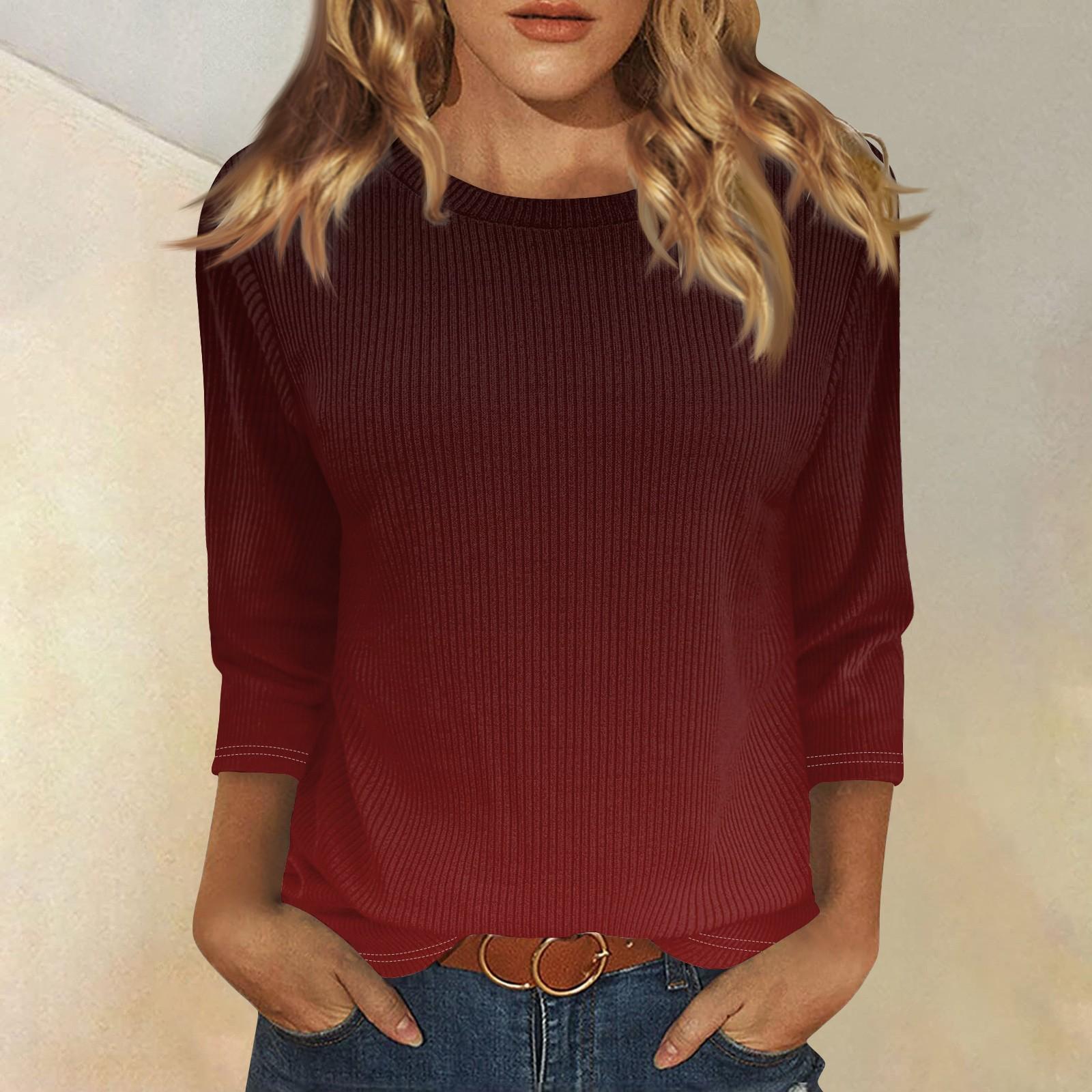 

Женская мода и зимняя повседневная футболка с круглым вырезом и градиентным узором, рукав три четверти, женская одежда XL винный