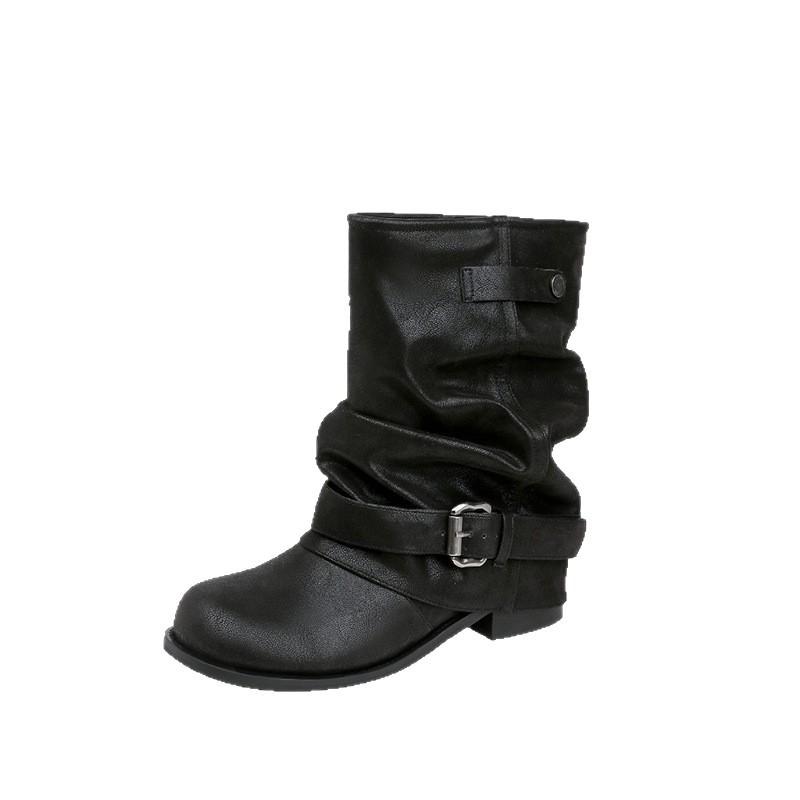 New Spot Wasteland Style Trendy Spice Girls Pants Pants Boots Pleated Buckle Band Thick Heel Short Boots Women's Vintage British Western Cattle