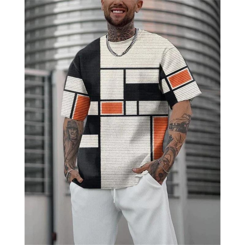 Tricou de vară pentru bărbați retro negru alb cu model geometric cu linii cubice, cu imprimeu mare, mânecă scurtă, top casual
