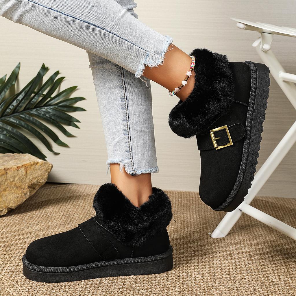 Fashion Casual Metal Buckle Decoration Thick Bottom Snow Boots Fashion Low Heel Boots Women Winter Warm Short Plush Shoes