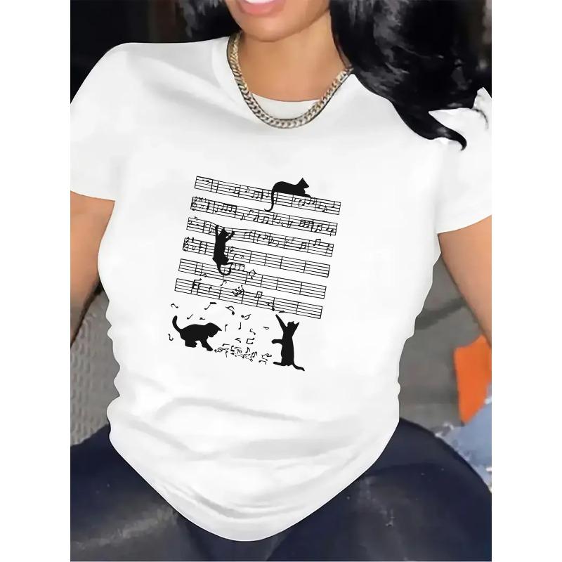

European sizes Lightweight And Durable Black And White T-Shirt Featuring a Design of Musical Cats, Perfect for Casual Wear at for home S белый