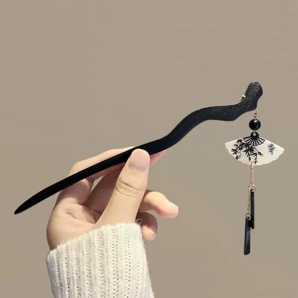 2024 Trendy Retro Chinese Ink Bamboo Fan Tassel Hairpin for Women