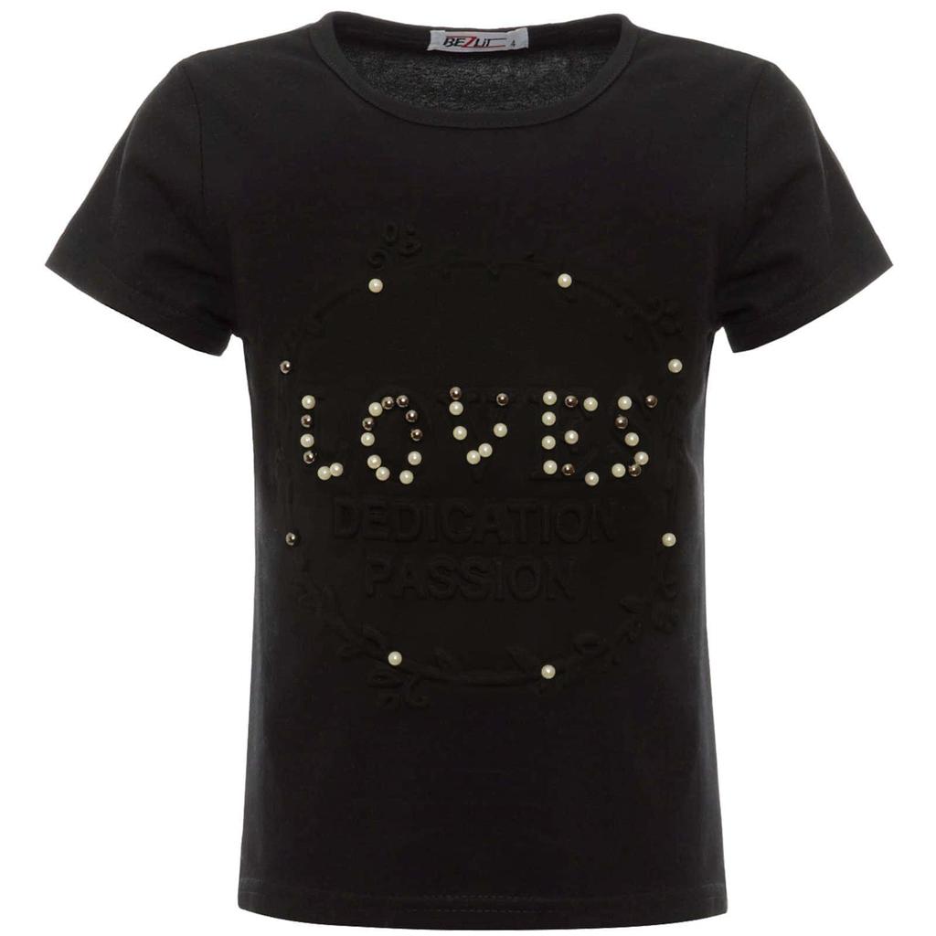 Girls Summer T-shirt with Faux Pearls and Print Motifs