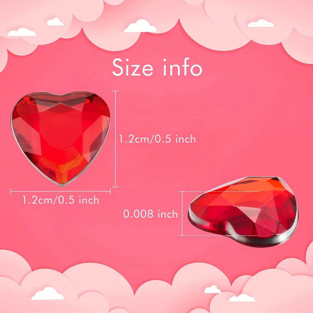 2D Flat, 100pcs 12mm Hearts Crystals Red/Pink Glitter Flat Back Heart Rhinestone Sparkling Stones Acrylic Faux Decoration