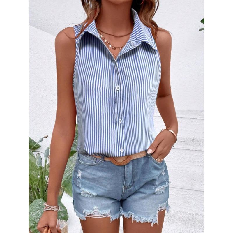 

Summer Sleeveless Loose Fit Striped Women s Shirt Elegant Office Blouse Casual Simple Fashion Sweet Tops Lapel Slim Fit Streetwear Clothing S синий