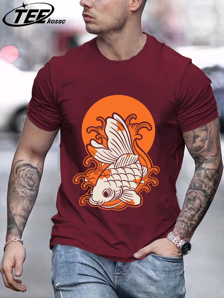 Japanese Harajuku Sunset Koi Men T Shirts Casual Hip Hop Tops Multicolor Cotton TShirt Summer Loose Male Crewneck Short Sleeve