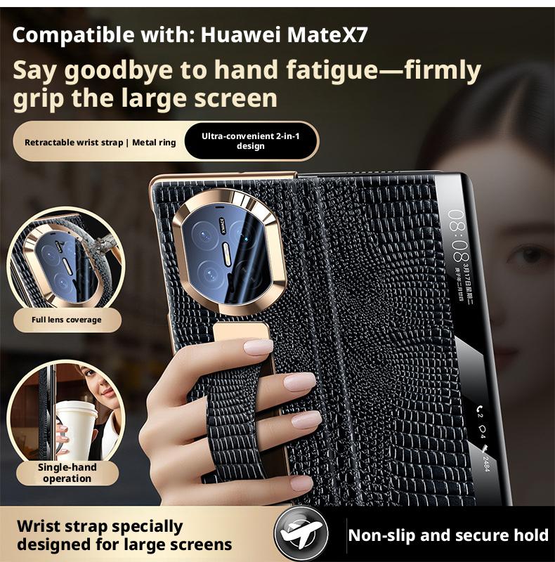 Wristband Ring Case For Huawei Mate X7 X6 X5 Premium Luxury Genuine Leather Magnetic Flip Smart Window Full Protection Cover