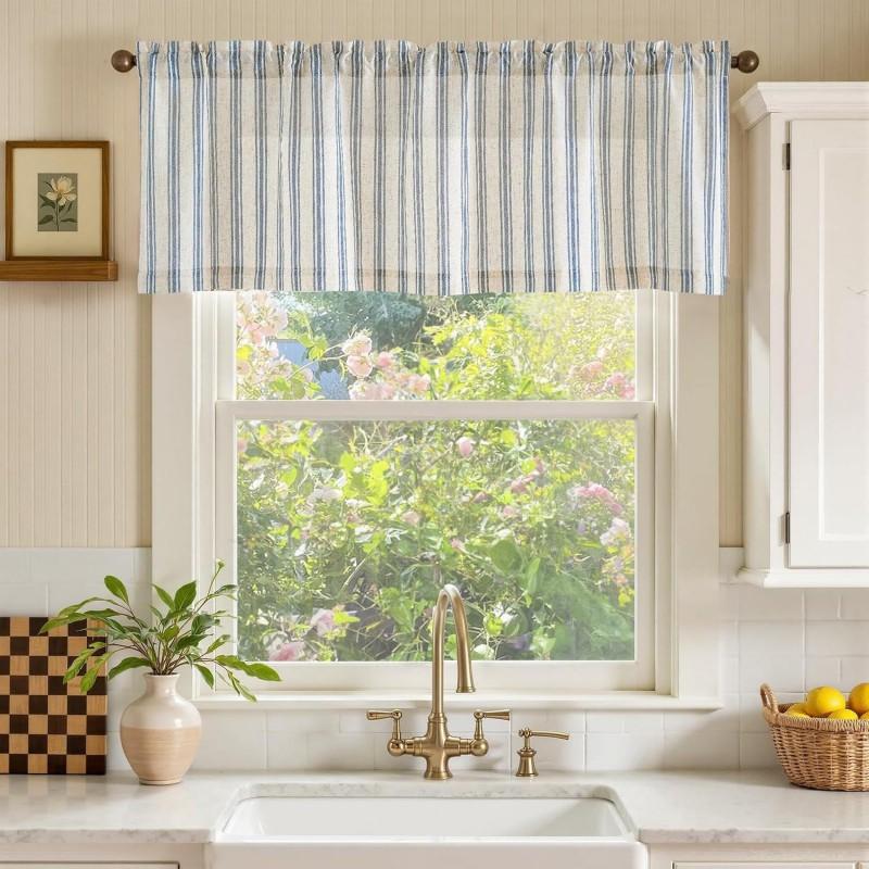 Linen Blend Flat Panel Striped Curtain Kitchen Dining Living Room Short Window Treatment Rod Pocket