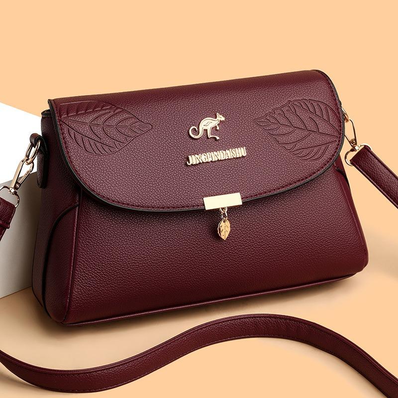 New soft leather texture large capacity single shoulder oblique span women's bag versatile fashion embossed leaf small square bag