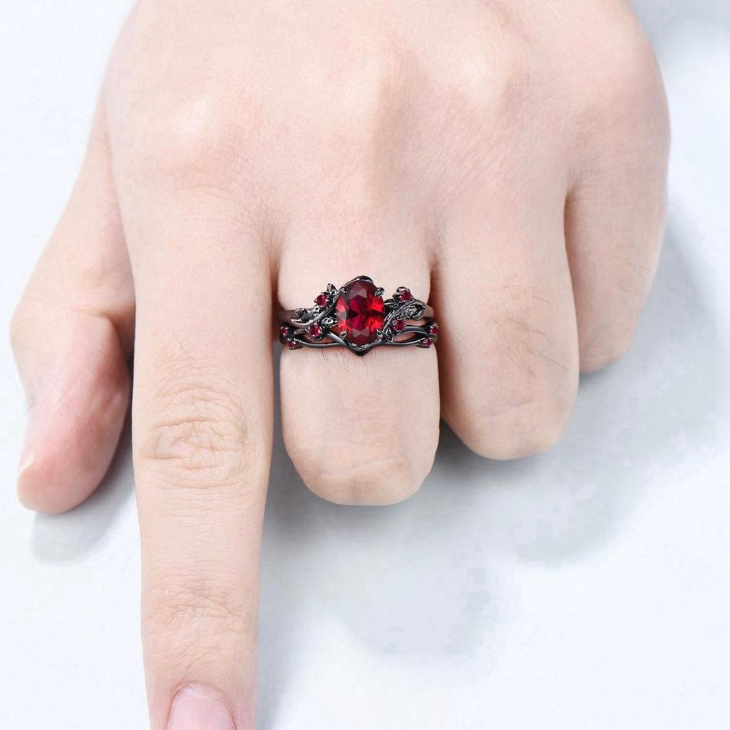 Sanjie European-American Retro Ruby and Gun Black Rose Branch Ring Pair