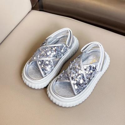 Kids Sandals for Girls Summer Thick Bottom Princess Sequins Sandals Fashion Causal Open-toe Children's School Sandals Hook Loop