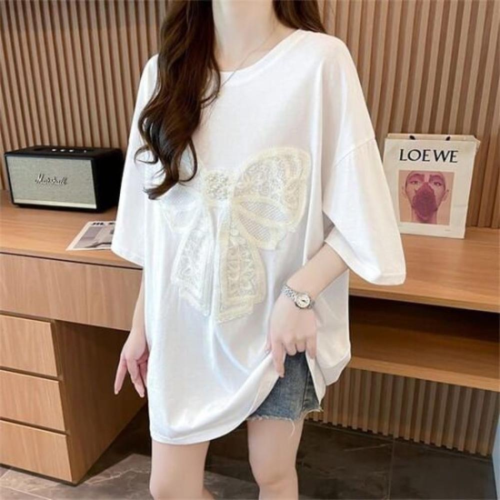 Navava Women Lace Ribbon Loose FiT ShorT Sleeve T shirT nT2530
