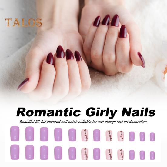 24Pcs Cute Purple-Color Gel Fake Nails Flat Head Press-On Nails Wearable False Nails Full Cover Artificial French Tip DIY Nail Art Accessories