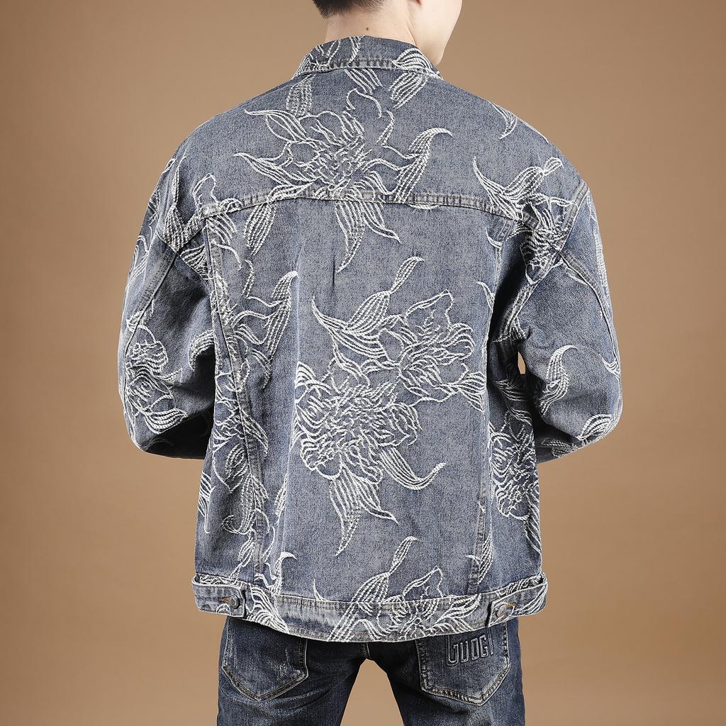 Niche High-End Full Of Floral Embroidery Trendy Denim Jacket Men'S Loose High Street Tooling Jacket Men