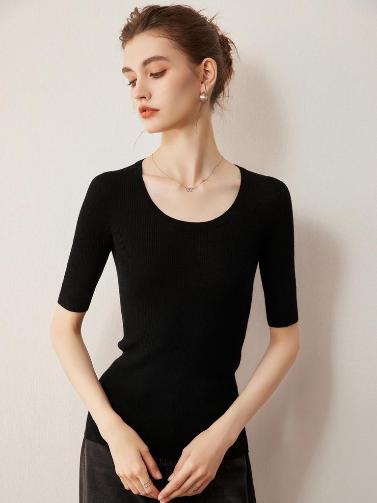 2026 Autumn/Winter Women's Slim Fit Five-Sleeve Wool Sweater, Round Neck