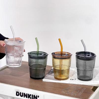 400ml Iced Coffee Mugs Glass Mug Coffee Cup With Lid and Straw Stripe Cups Drinking Glasses for Juice Milk Tea Cups Drinkware