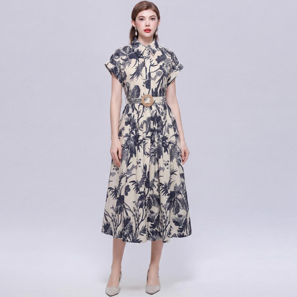Summer Floral Print Shirt Dress for Women Short Sleeve Maxi Sundress with Lapel Neck Buttons Vintage Fashion Belted Robe