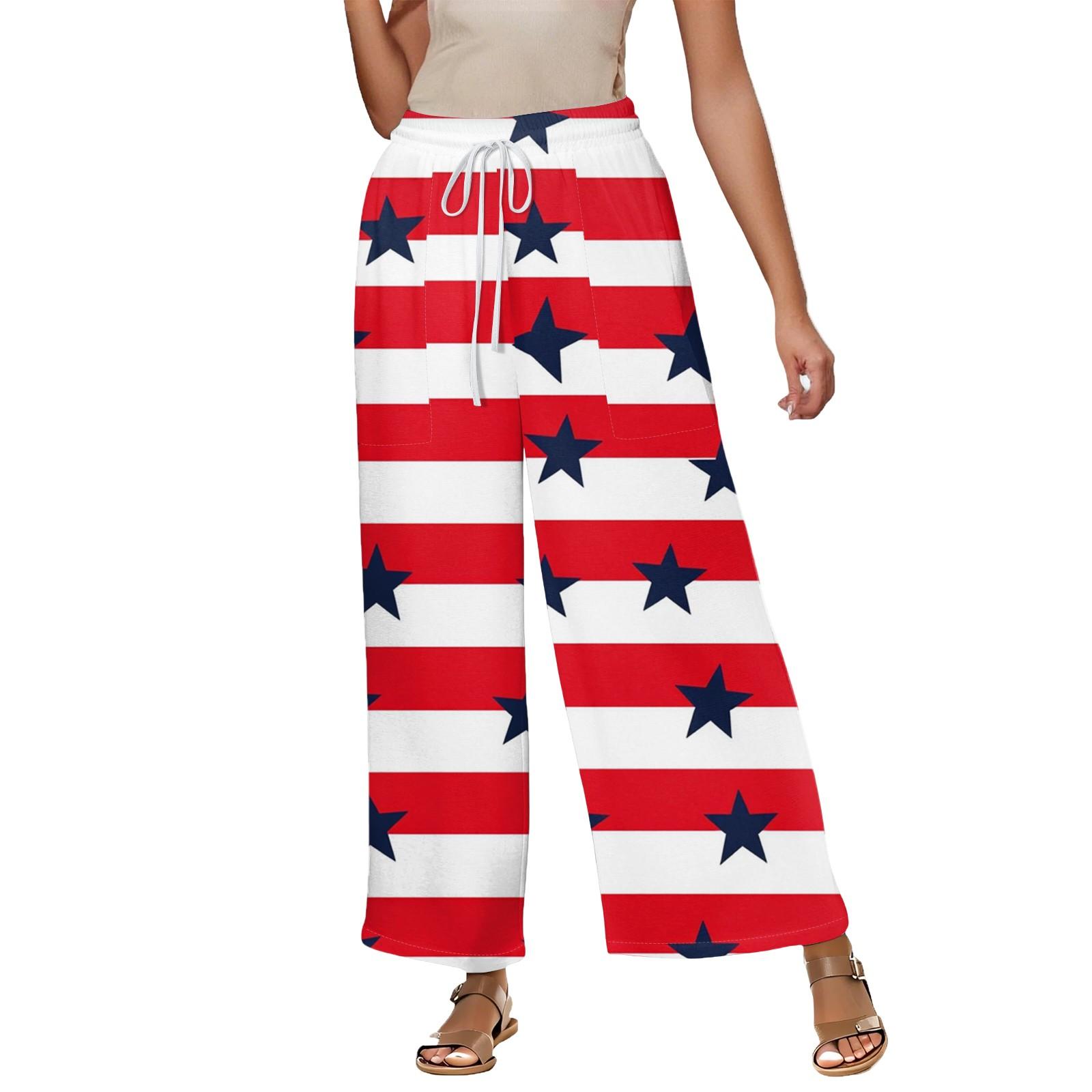 Women s Summer Elastic Waist Independence Day Printed Cotton And Linen Loose Cropped Pants M синий