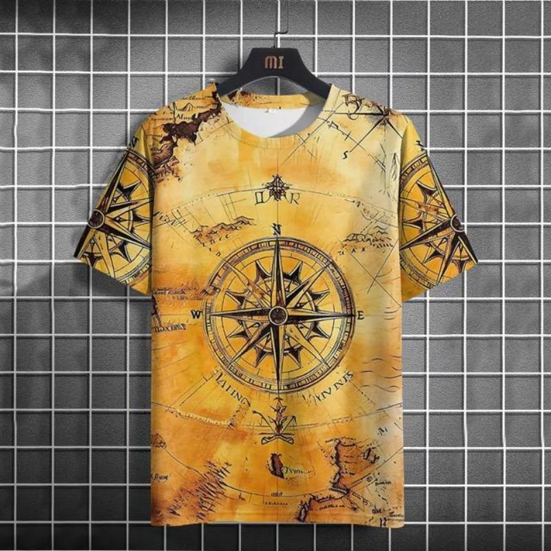 Vintage Men's T-shirt Summer American Shirt Tops Compass Printed Short-sleeve Tees Loose Daily Men Clothing Casual Streetwear