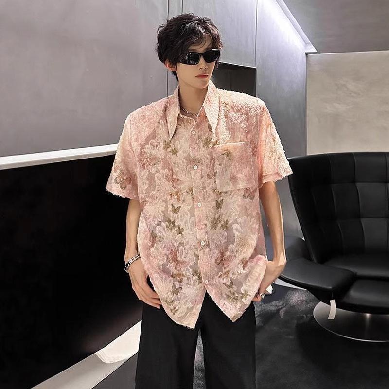 

Men s Pink Frayed Edge Floral Print Oversized Short Sleeve Button Down Shirt Casual Streetwear Top S розовый