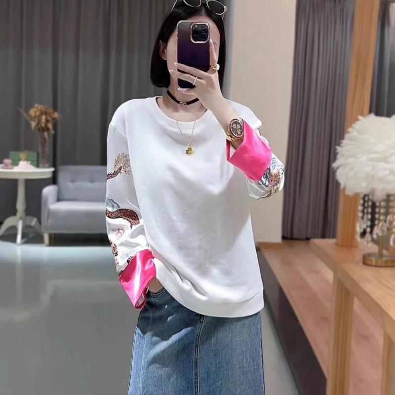 2023 Autumn Women's Acetate Spliced T-shirt: Black Dragon & Phoenix Embroidered Chinese Style Sweatshirt