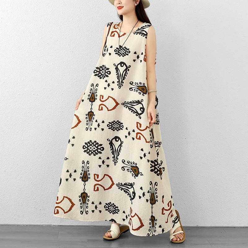 DIMANAF 2026 Women Plus Size Summer Beach Loose Lady Long Dress Vest Sleeveless Vintage Oversize Maxi Print Sundress Clothing