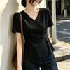 Large Size Women's Clothing Summer Stomach Cover Waist Buckle Women Slim and Thin Irregular Chic V-neck Shirt