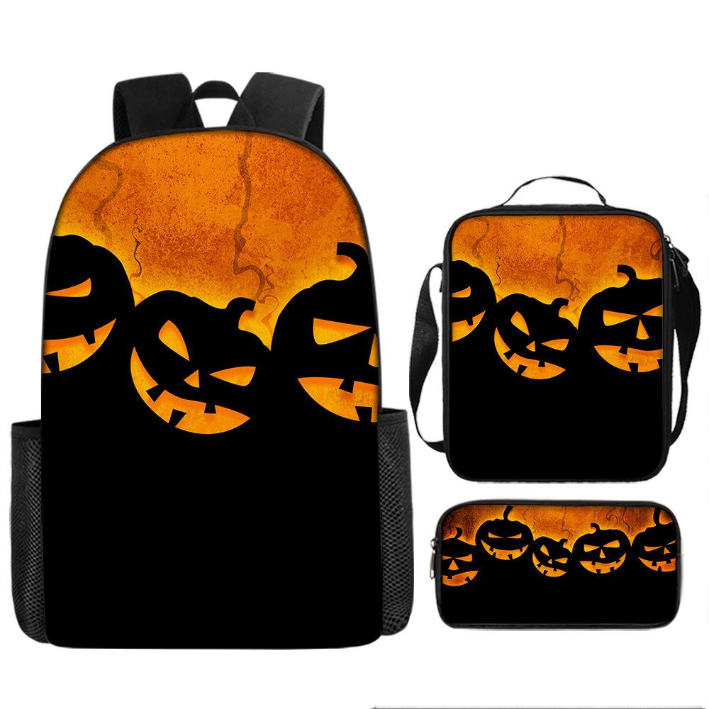 Halloween Backpack Pumpkin Ghost 3-Piece Set Schoolbag Kids Shoulder Bag Cute Bookbag for Boys Girls
