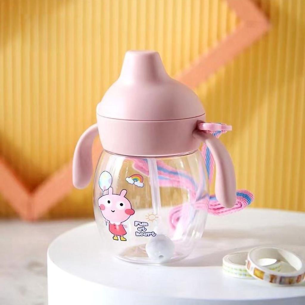 Water Bottle Double Handle Plastic Straw Cup 340ml with Strap for Children Kids Babies