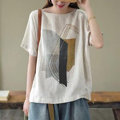 Cotton Linen T Shirts Women Fashion Vintage Art Printed T-shirt Casual Loose O-neck Short Sleeve Tops Summer Trend Thin Tshirt