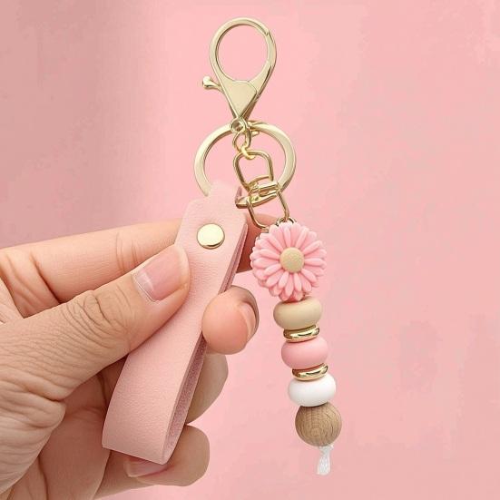 Aesthetic Key Ring Silicone Flower Keychain with Faux Leather Wristlet, Car Lanyard Pendant, Handbag Backpack Charm Wood Beads Bead Wristlet