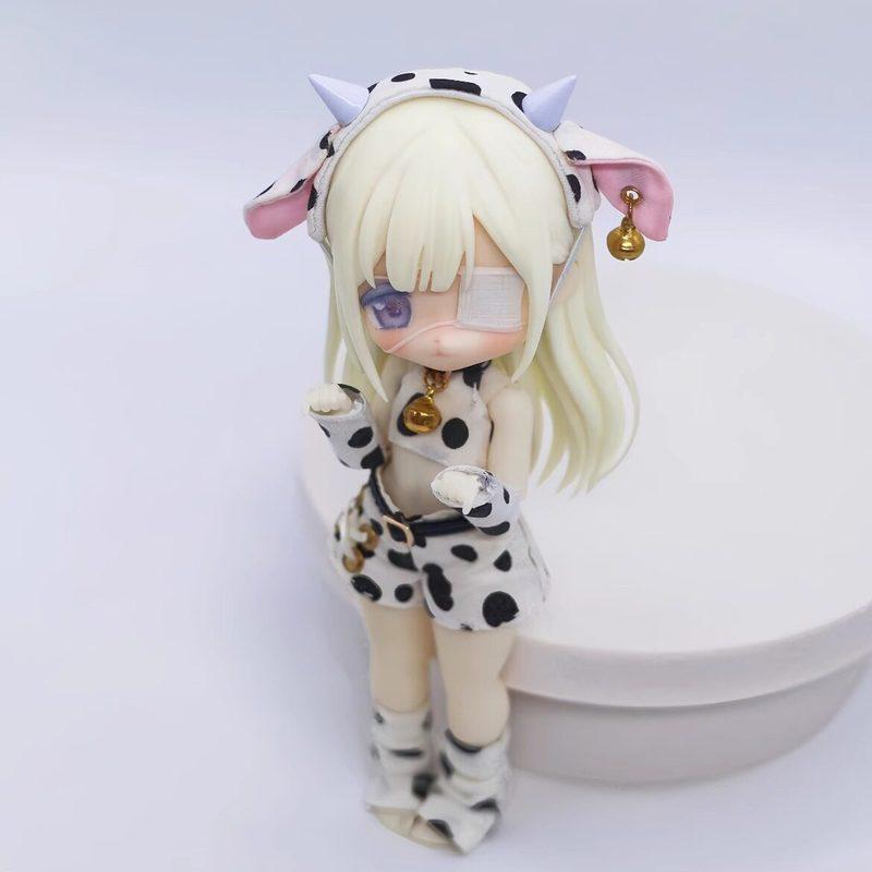 Cow Print Doll Outfit Set For 1/12 Ob11 Bjd Dolls With Horn Headband Bell Crop Top Shorts Leg Warmers For Bjd Doll Collectors