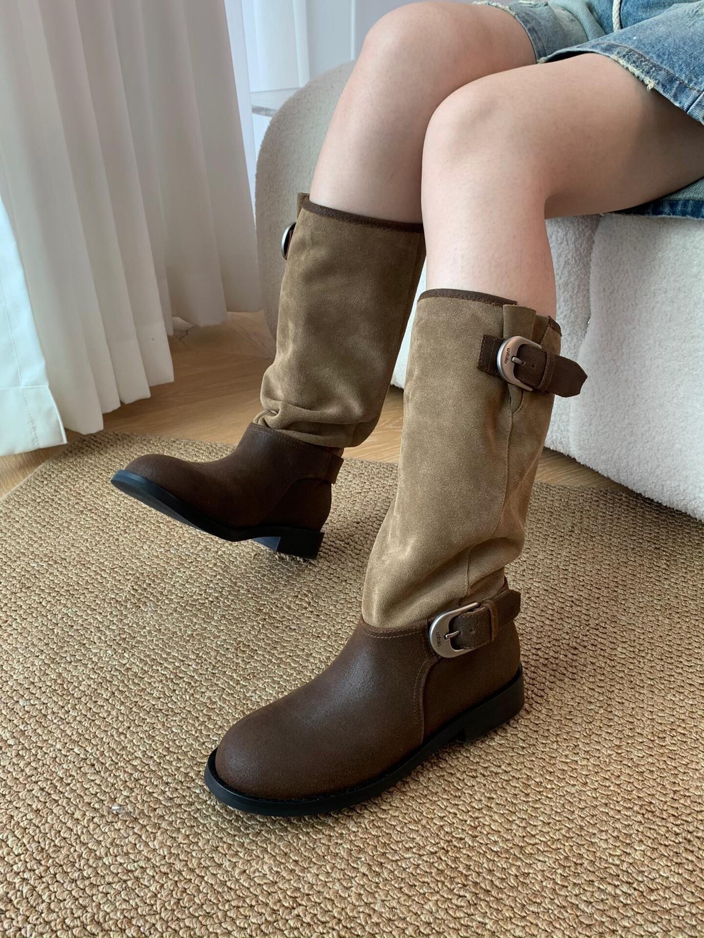 Women s Boots 2025 Autumn/Winter Retro Mid Top Boots Suede Lazy Style Long Boots Round Head Splicing Knight Boots 34