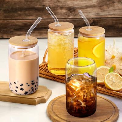 4er-Set Cola-Becher-Gläser mit Bambusdeckel und Glasstrohhalm, wiederverwendbare Trinkgläser, Bierdosen-Glasbecher für Limonaden- und Safttrinkgeschirr