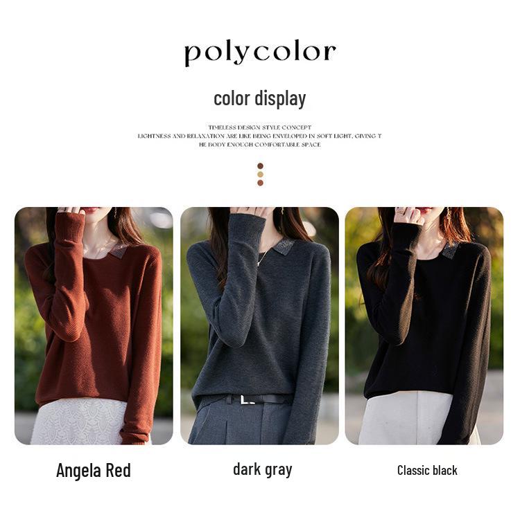 Small Lapel Fine Wool Knitted Pullover Sweater for Women - 2025 Autumn/Winter Collection, Solid Color, Loose Fit, Base Layer