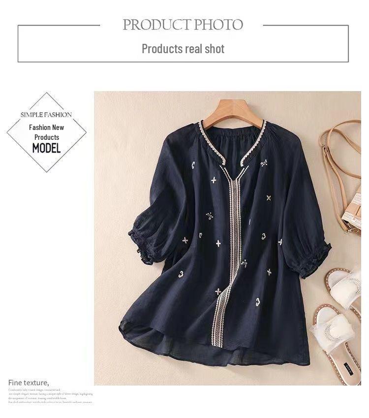 Cămașă Retro din Bumbac-In cu Mâneci Medii și Gât în V Brodată - Casuală, Slim și care Reduce Vârsta