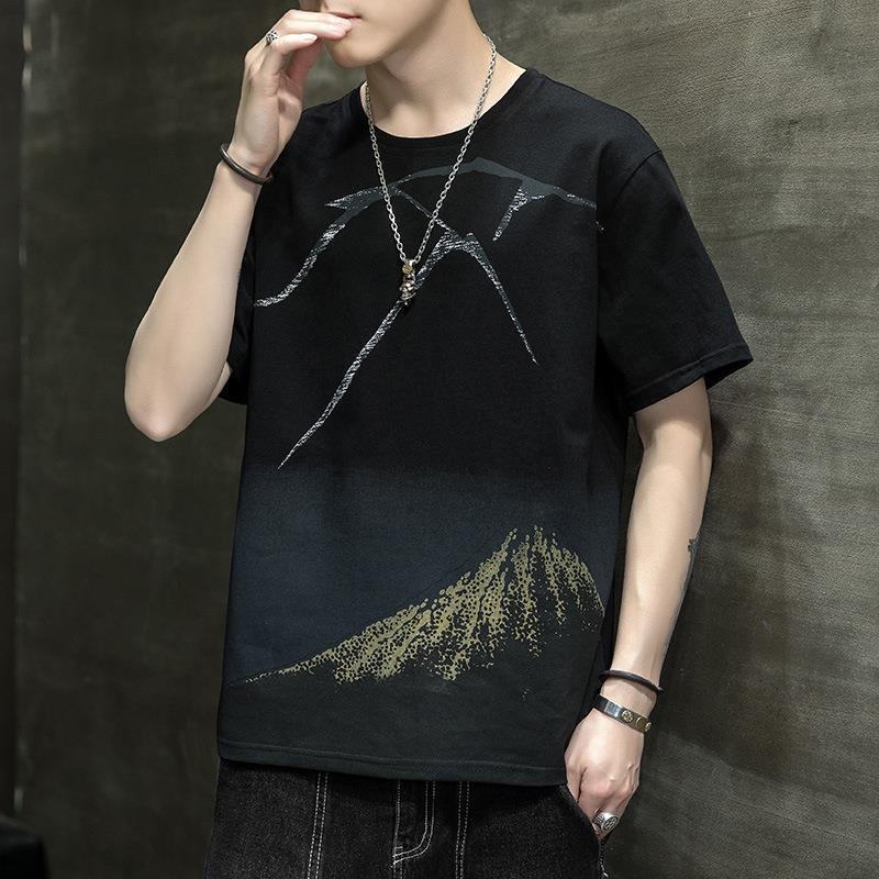 Men's White Mountain Print T-Shirt, Casual Short Sleeve Mount Fuji Graphic Top for Daily Wear