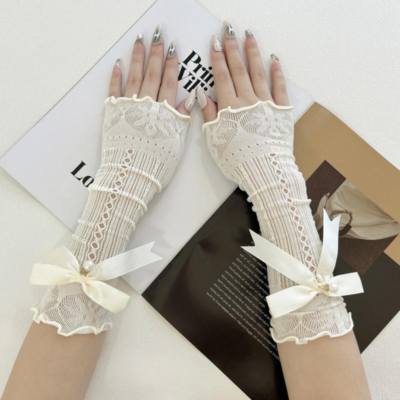 Elegant Sweet Long Bow Fingerless Gloves Women Elastic Ruffle Decorative Sleeves Outdoor Sun Protection Wrist Arm Cover