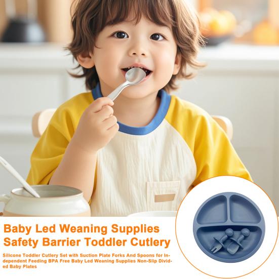 Silicone Toddler Cutlery Set with Suction Plate Forks And Spoons for Independent Feeding BPA Free Baby Led Weaning Supplies