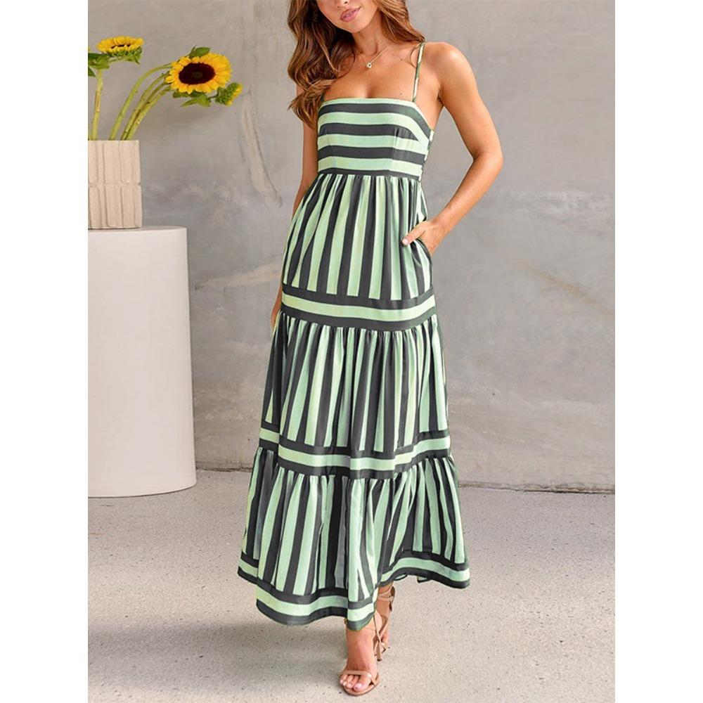 Women's Strapless Sleeveless Midi Dress Loose Mid Waist Vertical Stripe Printed Polyester Micro Elastic Tiered Ruffle Summer Vacation Maxi Dress