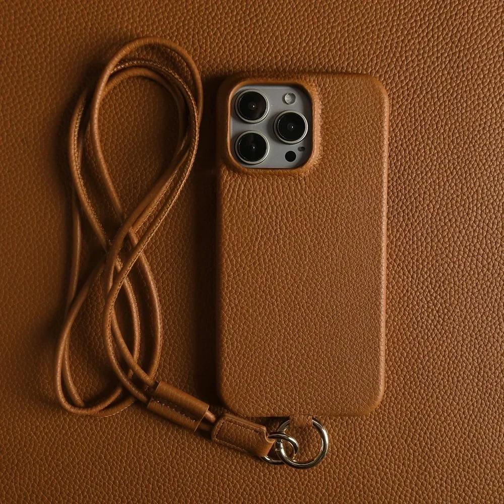 

Full Grain Cowhide Leather Case for iPhone 17 Pro Max Air 16 Pro 15 14 Plus 13 12 11 Crossbody Long Strap Mobile Phone Cover iPhone Air коричневый