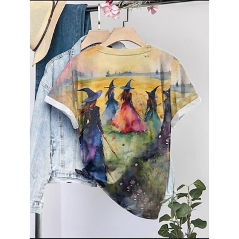 Dámské tričko Tričko PotiskHalloween Čarodějnice Stylové Ležérní Krátký rukáv Kulatý výstřih Žluté Léto