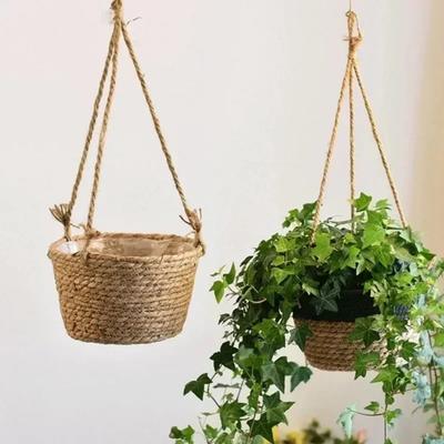 1 Pcs Straw Braid Hanging Basket Rattan Basket Potted Plant Flowers Bamboo Basket Rush Straw Creative Woven Flower Pot
