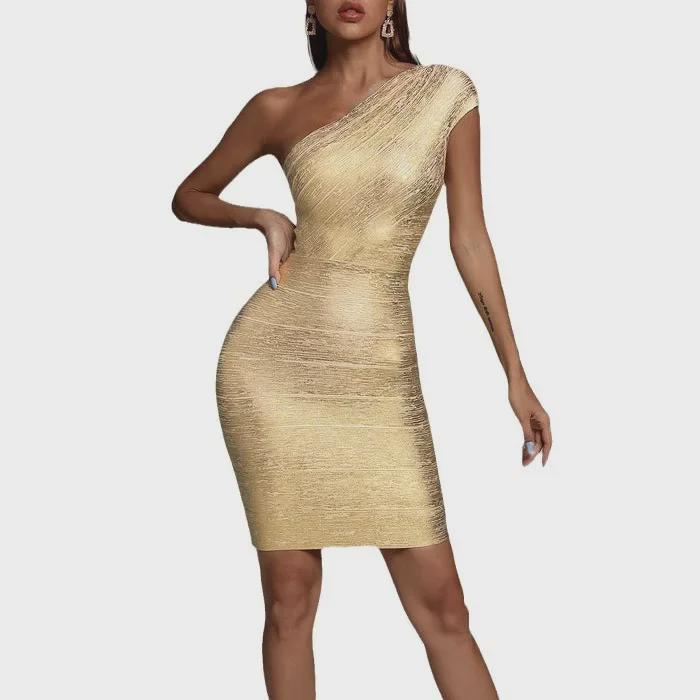 Gold-Stamped Silver Oblique Shoulder Bandage Evening Dress