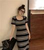 Women's Square Neck Retro Striped Knit Dress - Slim Fit, Midi Pencil Skirt, Cinched Waist, Figure-Flattering for Summer