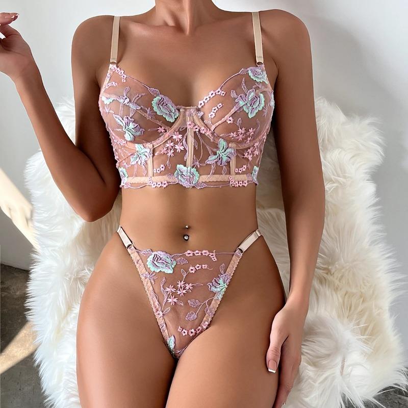 Sada spodního prádla s květinovou výšivkou Ženy Boho Smyslná Erotická Sexy 2dílná podprsenka + Spodní prádlo Set Summer Slim Fashion Chic 2024