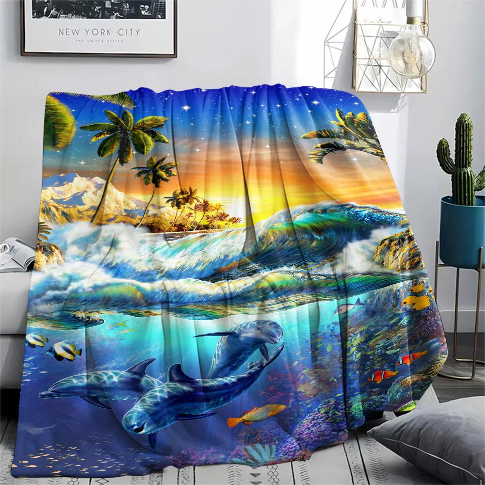 1Pc Dolphins Print Flannel Blanket, High Quality Comfortable for All Seasons, Home Decor, Warmth and Comfort, Perfect for Christmas Gifts