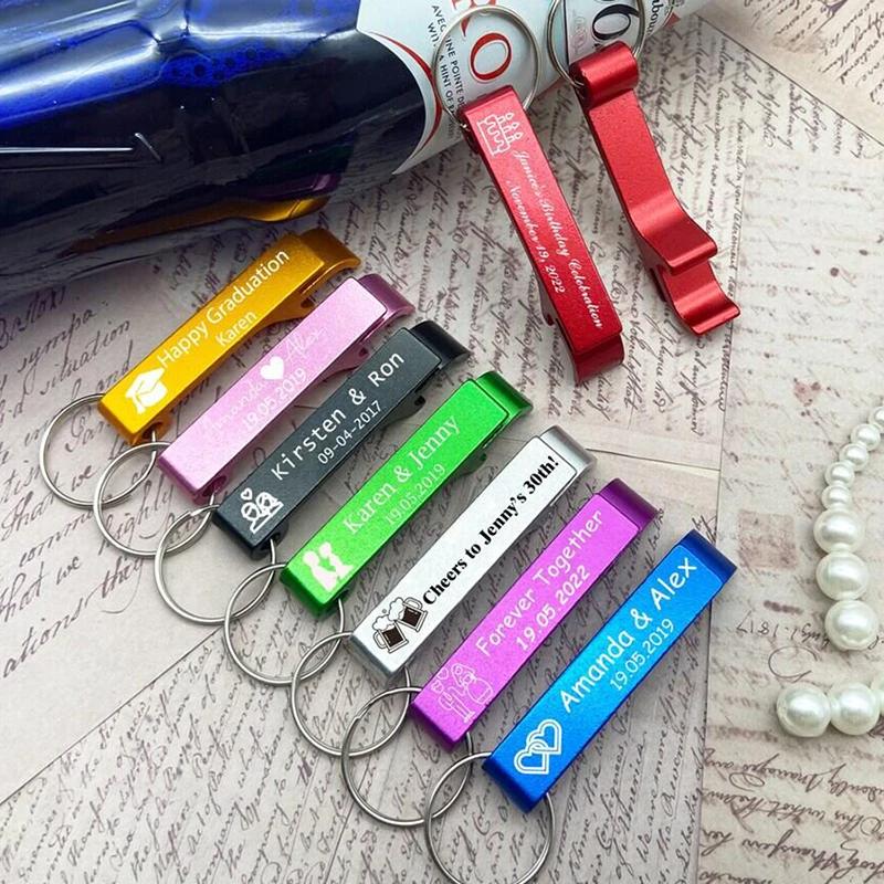 30pcs Personalized Bottle Opener Key Chain Engraved Wedding Favors Brewery Hotel Restaurant Bar Logo Custom Party Private Gift