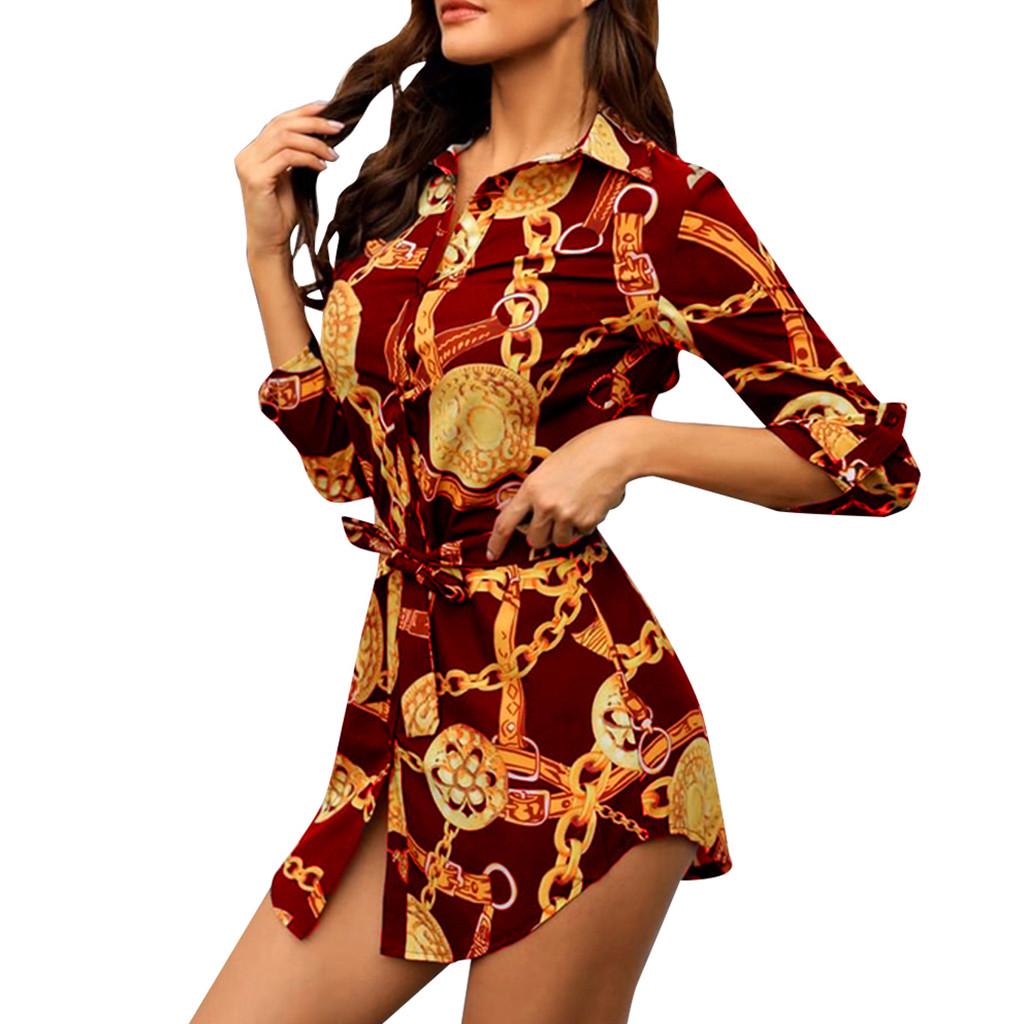Joliann Women Long Sleeve Chain PrintedShirt Dress Ladies Casual Mini Dress