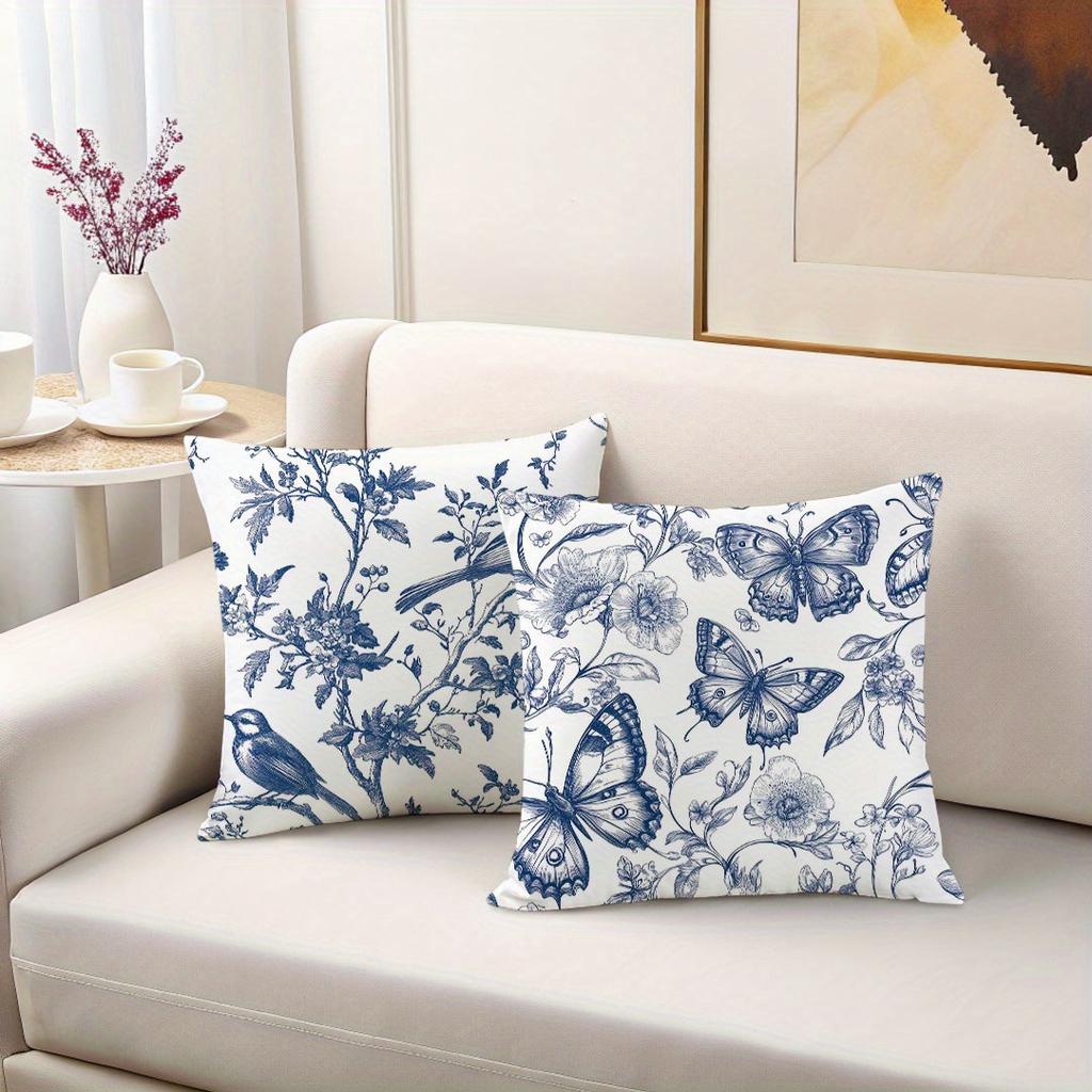 4 Fundas De Almohada Con Estampado Botnico Bohemio, 18.0 X 18.0 In, Diseño Floral Y De Mariposa Azul Y Blanco, Polister De